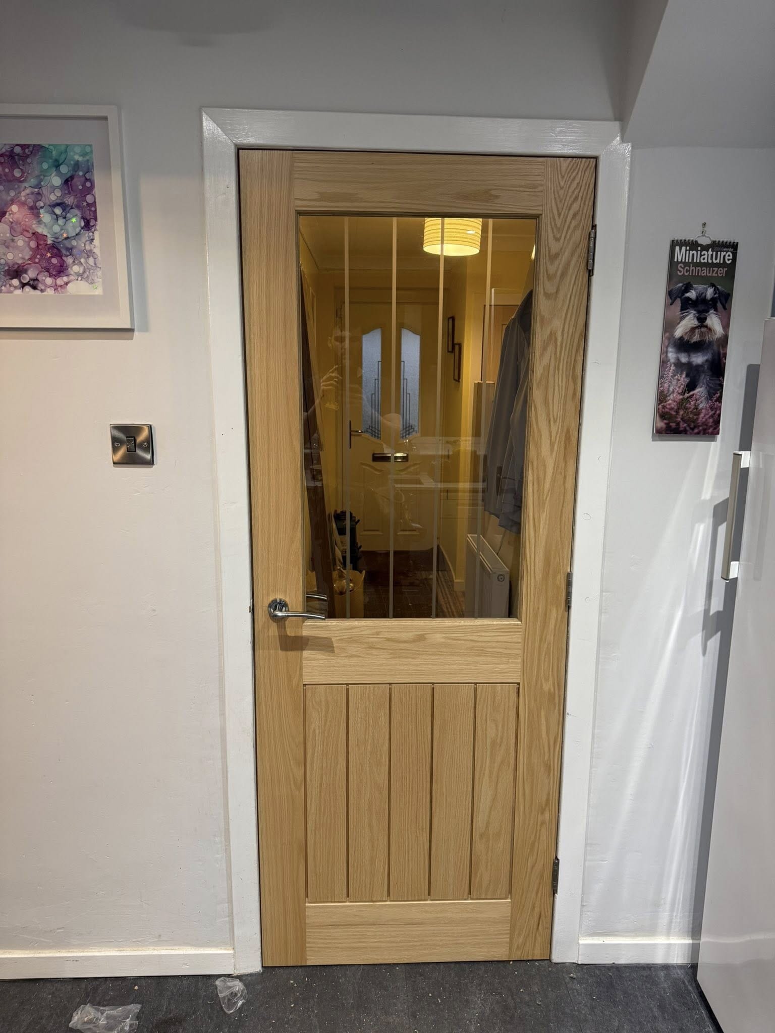610x1981x35mm (24") Cottage Oak Clear Glass with Frosted Lines - Prefinished Internal Doors